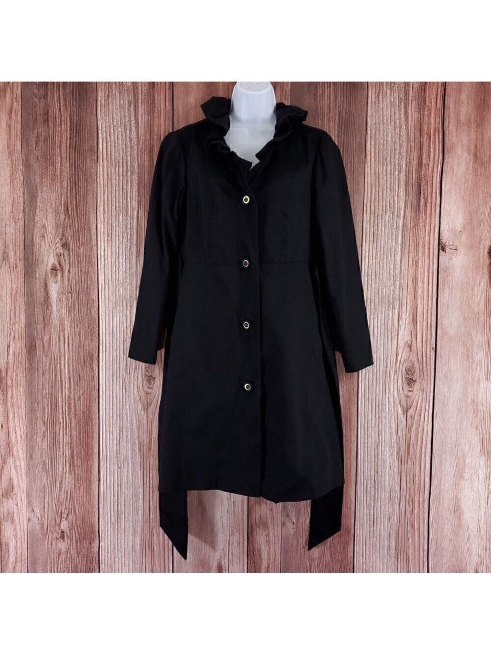 Lilly Pulitzer Size 4 Kelli Black Long Belted Trench Coat Jacket Ruffles Collar